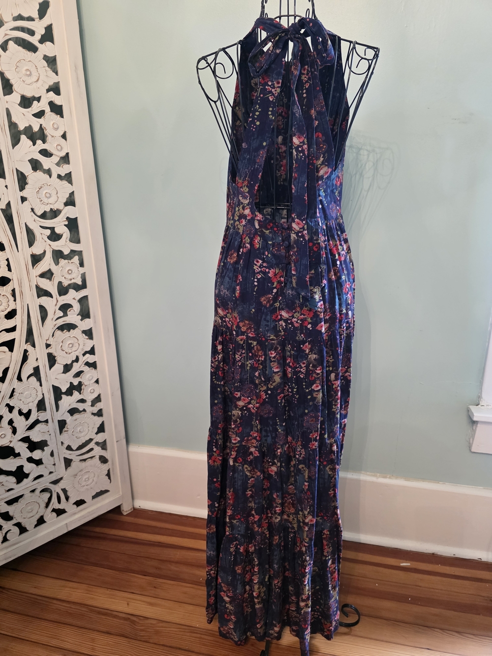 Floral Tiered Maxi Dress - Navy with Pink Floral - Picture 10 of 16